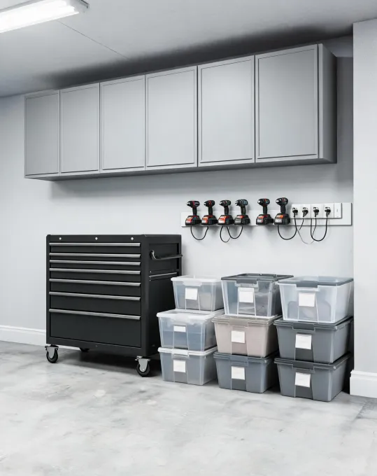 Garage wall with storage cabinets