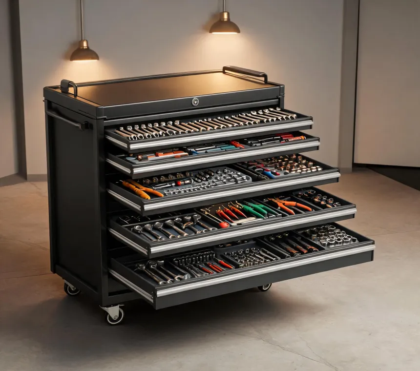 Stack-On rolling tool cabinet in an organized garage