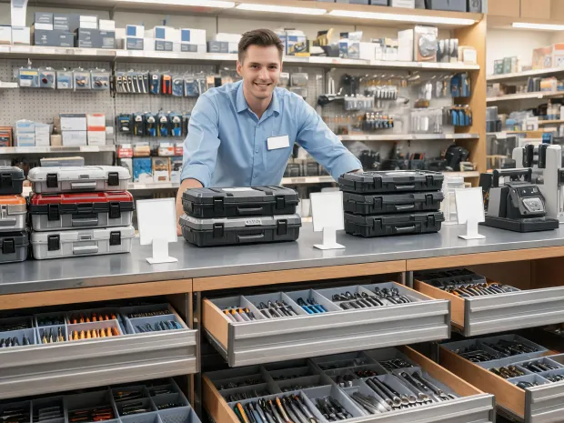 Retail hardware counter with tool boxes