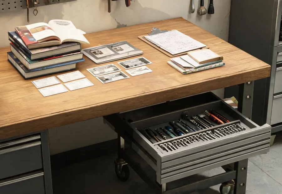 Stack-On manuals and warranty records on a workbench